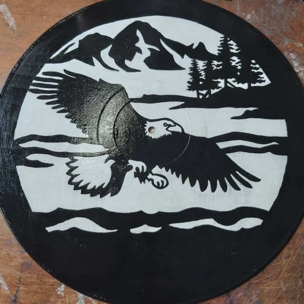 Handpainted Vinyl Record Painting ~ Soaring Eagle Black White - Framed